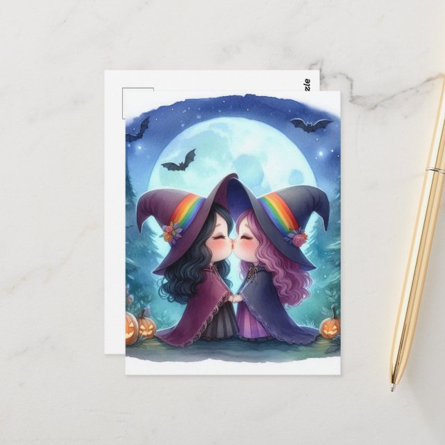 Two Witches Kiss Pride Series Watercolor Postcard (Front/Back In Situ)