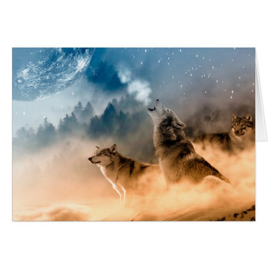 Two wolves howl at the full moon in forest (Front Horizontal)