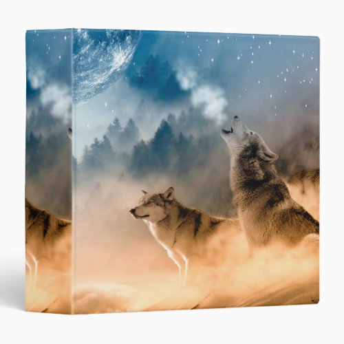 Two wolves howl at the full moon in forest 3 ring binder