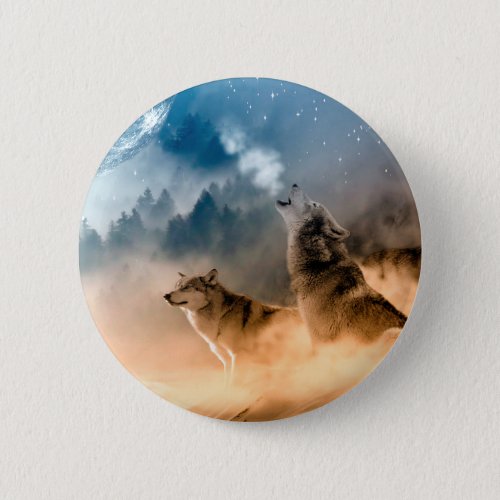 Two wolves howl at the full moon in forest button