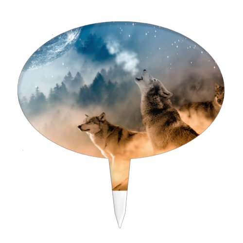 Two wolves howl at the full moon in forest cake topper