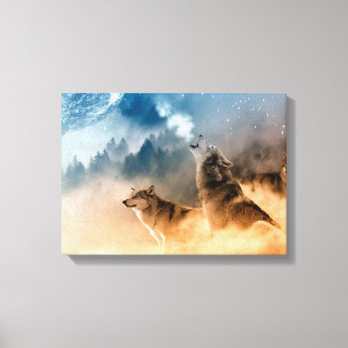 Two wolves howl at the full moon in forest canvas print
