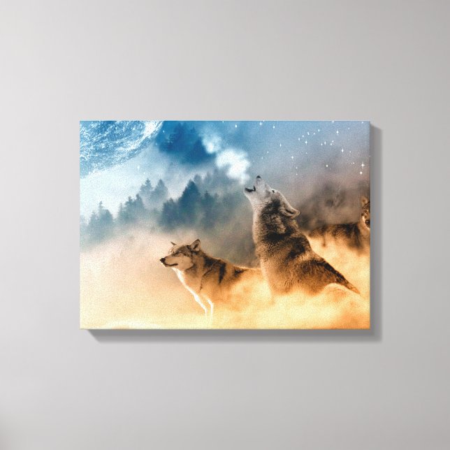 Two wolves howl at the full moon in forest canvas print (Front)