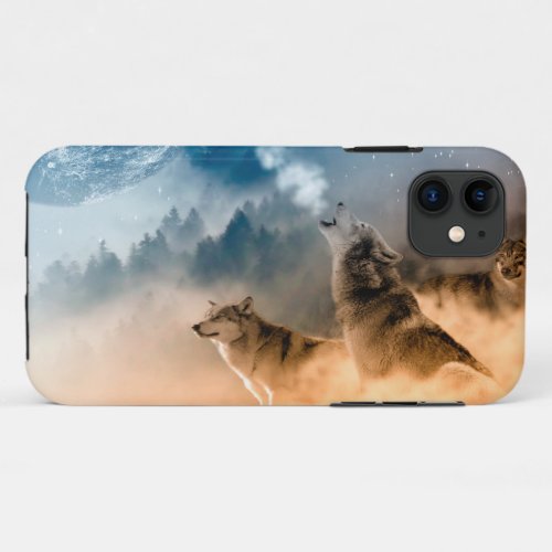 Two wolves howl at the full moon in forest iPhone 11 case