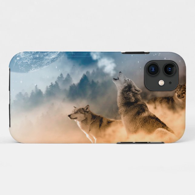 Two wolves howl at the full moon in forest Case-Mate iPhone case (Back (Horizontal))
