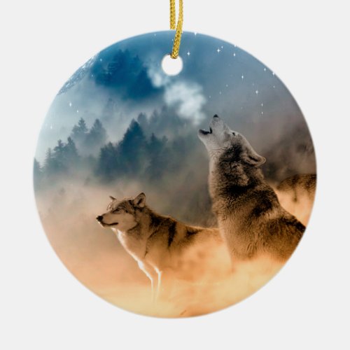 Two wolves howl at the full moon in forest ceramic ornament