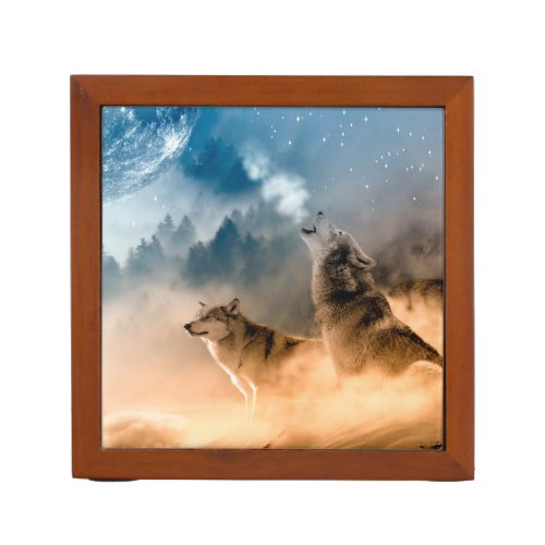 Two wolves howl at the full moon in forest desk organizer