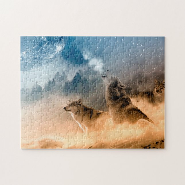 Two wolves howl at the full moon in forest jigsaw puzzle (Horizontal)