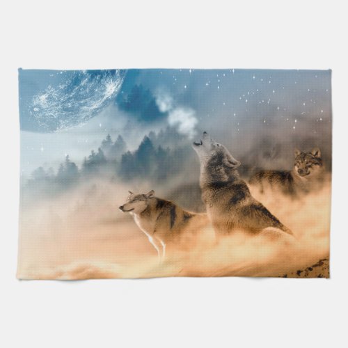 Two wolves howl at the full moon in forest kitchen towel