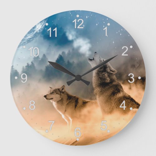 Two wolves howl at the full moon in forest large clock