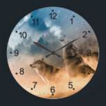 Two wolves howl at the full moon in forest large clock<br><div class="desc">wolf animals animal canis,  lupus mammal beast dog,  canine wolves wolfs Howlin , art full moon american,  arctic grey wild wolfpack , wildlife winter night predator,  alaska gray trees howl,  wolf animals animal canis,  lupus mammal beast dog,  canine wolves wolfs</div>