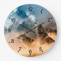 Two wolves howl at the full moon in forest large clock