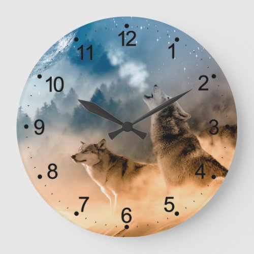Two wolves howl at the full moon in forest large clock