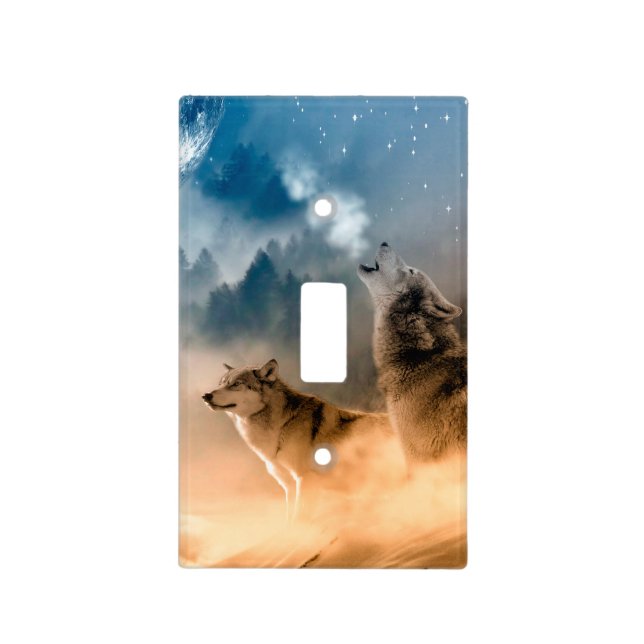 Two wolves howl at the full moon in forest light switch cover (Front)