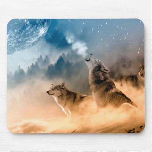 Two wolves howl at the full moon in forest mouse pad