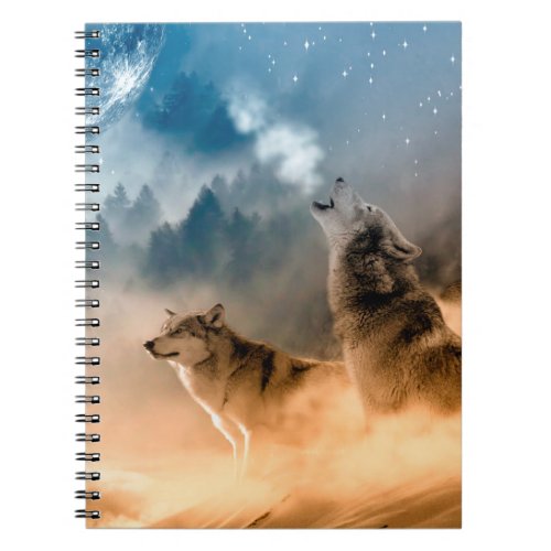 Two wolves howl at the full moon in forest notebook