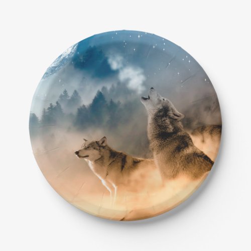 Two wolves howl at the full moon in forest paper plates