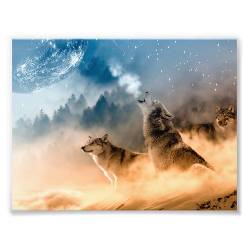 Two wolves howl at the full moon in forest photo print