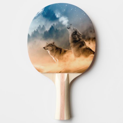 Two wolves howl at the full moon in forest ping pong paddle