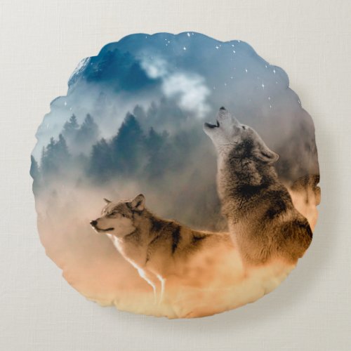 Two wolves howl at the full moon in forest round pillow