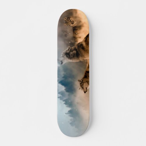 Two wolves howl at the full moon in forest skateboard
