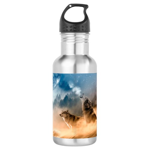 Two wolves howl at the full moon in forest stainless steel water bottle
