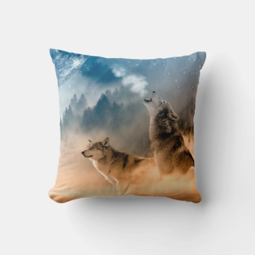 Two wolves howl at the full moon in forest throw pillow