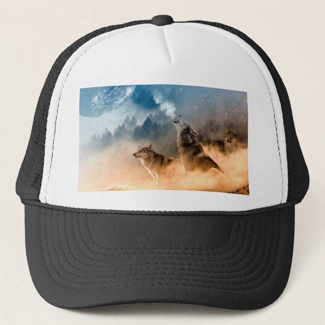 Two wolves howl at the full moon in forest trucker hat (Front)