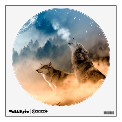Two wolves howl at the full moon in forest wall decal
