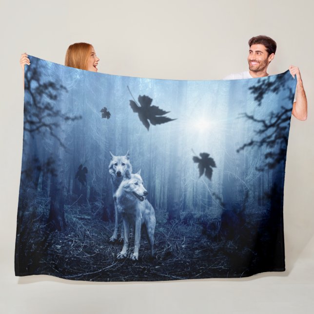 TWO WOLVES in the WOODS Fleece Blanket (In Situ)