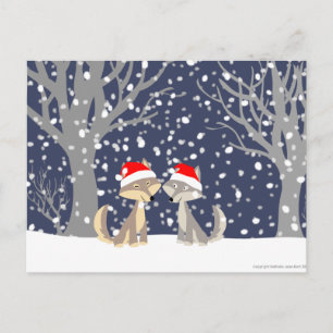 Two wolves in winter Christmas postcard