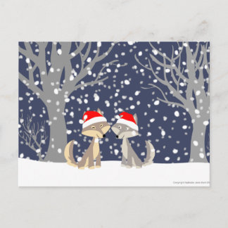 Two wolves in winter Christmas postcard