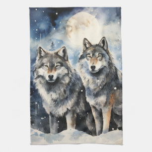 Two Wolves in Winter Kitchen Towel
