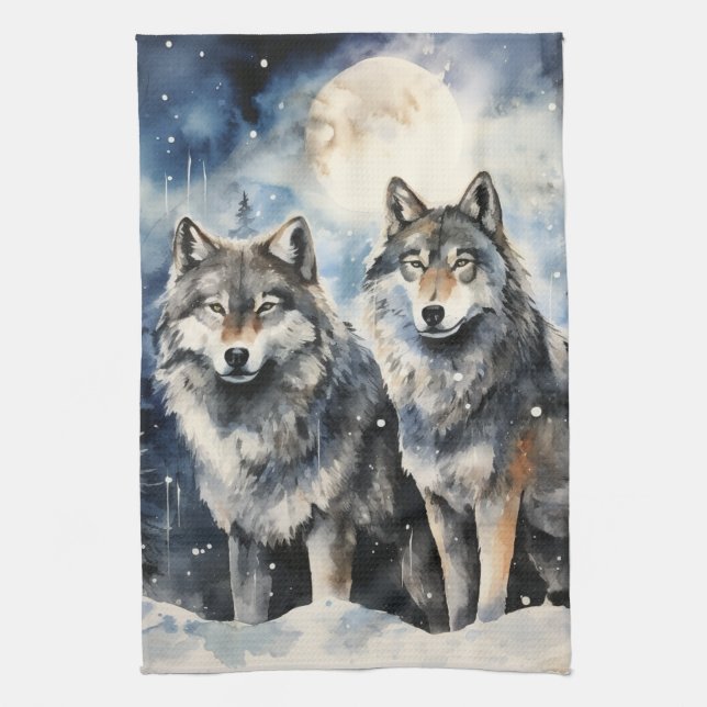 Two Wolves in Winter Kitchen Towel (Vertical)