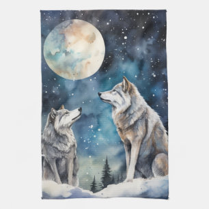 Two Wolves in Winter Kitchen Towel