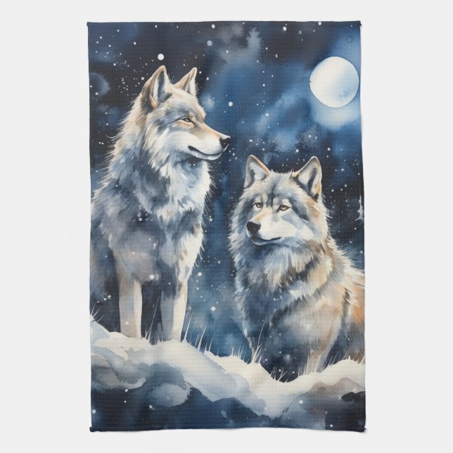 Two Wolves in Winter Kitchen Towel (Vertical)