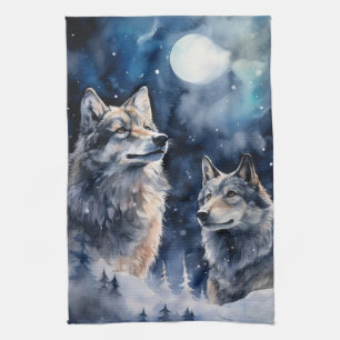 Two Wolves in Winter Kitchen Towel