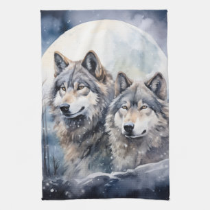 Two Wolves in Winter Kitchen Towel