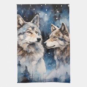 Two Wolves in Winter Kitchen Towel