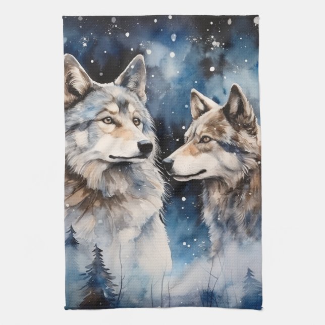 Two Wolves in Winter Kitchen Towel (Vertical)