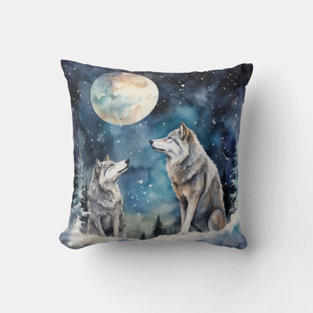 Two Wolves in Winter Throw Pillow (Front)