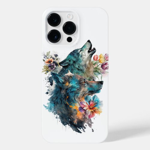 Two Wolves Surrounded by Flowers iPhone 14 Pro Max Case