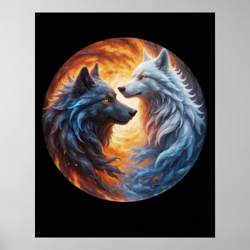 Two wolves yin yang design poster