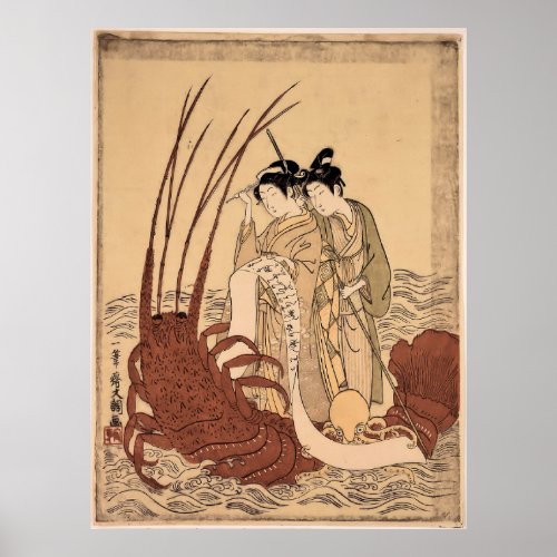 Two women an octopus on a giant lobster 1775_1800 poster