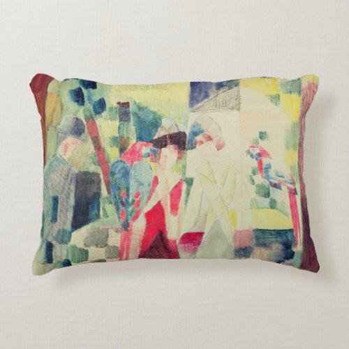 Two Women and a Man with Parrots 20th century Decorative Pillow