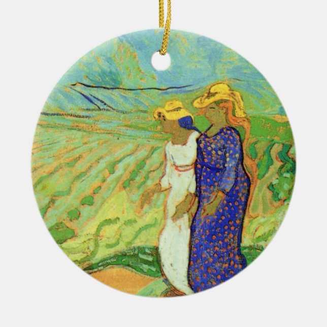 Two Women Crossing the Fields by Vincent van Gogh Ceramic Ornament (Front)
