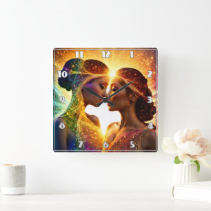 Two Women Embrace With Colorful Energy Aura Square Wall Clock