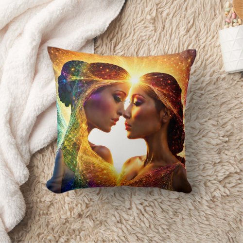 Two Women Embrace With Colorful Energy Aura Throw Pillow