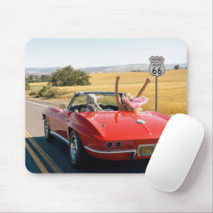 Two Women in a Red 1966 Corvette on Route 66 Mouse Pad