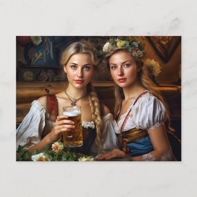 Two women in dirndls. Beer. Bavaria Postcard (Front)